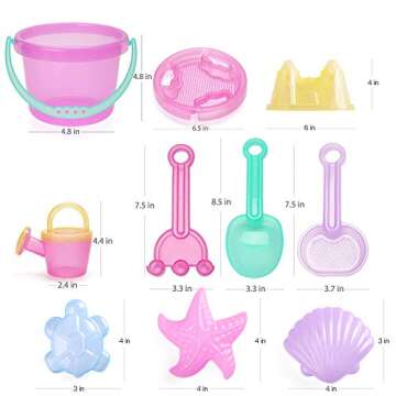 LotFancy Beach Toys for Kids, 10 PCS Snow Toys for Toddlers 3-10, Sand Buckets and Shovels, Star Shell Castle Sand Mold, Sand Sifter Cover, Rake, Watering Can, Sandbox Toys for Girls