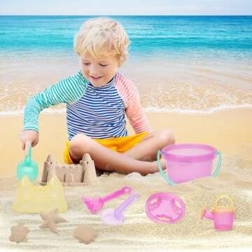 LotFancy Beach Toys for Kids, 10 PCS Snow Toys for Toddlers 3-10, Sand Buckets and Shovels, Star Shell Castle Sand Mold, Sand Sifter Cover, Rake, Watering Can, Sandbox Toys for Girls