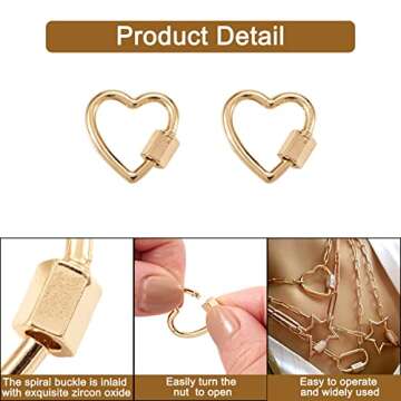 FASHEWELRY 10Pcs Brass Screw Carabiner Lock Charms Golden Heart Necklace Lock Clip Charms for DIY Je...