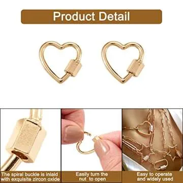 FASHEWELRY 10Pcs Brass Screw Carabiner Lock Charms Golden Heart Necklace Lock Clip Charms for DIY Je...