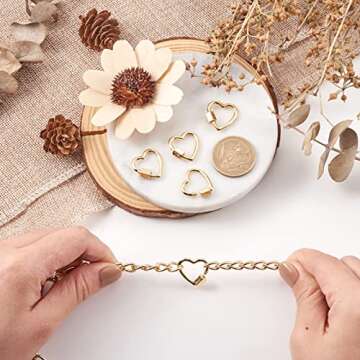 FASHEWELRY 10Pcs Brass Screw Carabiner Lock Charms Golden Heart Necklace Lock Clip Charms for DIY Jewelry Making, 18.5x18.5x2mm