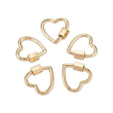 FASHEWELRY 10Pcs Brass Screw Carabiner Lock Charms Golden Heart Necklace Lock Clip Charms for DIY Jewelry Making, 18.5x18.5x2mm