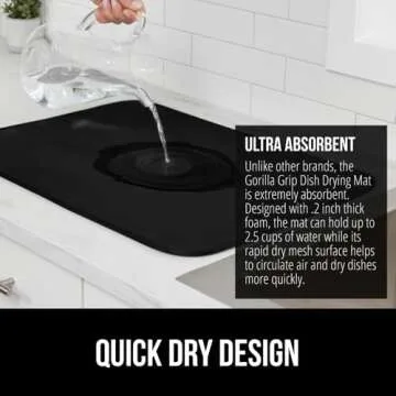 GORILLA GRIP Ultra Water Absorbent Microfiber Dish Drying Mat, 18x24, Quick Dry Thick Mesh, Slip Resistant Pad for Sink Dishes or Under Rack, Kitchen Counter Accessories, Machine Wash Mats, Black