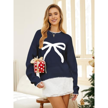 Milumia Women's Bow Print Drop Shoulder Sweater in Royal Blue