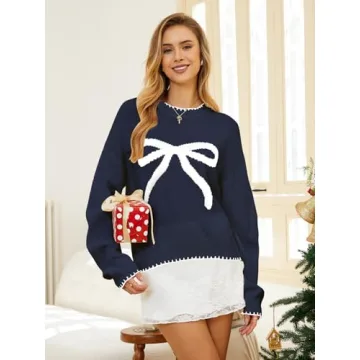 Milumia Women's Bow Print Drop Shoulder Sweater in Royal Blue