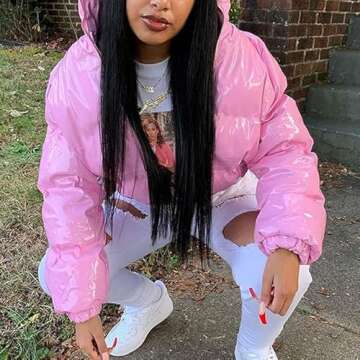 AMEBELLE Women Winter Warm Stand Collar Slim Fit Cropped Puffer Down Jacket Coats(0394-Pink-L)