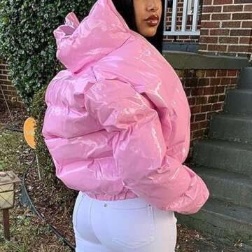 AMEBELLE Women Winter Warm Stand Collar Slim Fit Cropped Puffer Down Jacket Coats(0394-Pink-L)