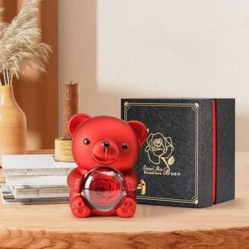 Cute Teddy Bear with Preserved Rose - A Real Rose Flower in Bear with Elegant Gift Box - Romantic Gift for Her in Valentine's Day, Mother's Day, Weddings, Anniversaries, and Bridal Showers (Red)