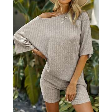 Ekouaer Pajamas 2 Piece Lounge Sets Ribbed Knit Matching Outfits T-shirt Biker Shorts Sleepwear Loungewear Sweatsuits Camel Large
