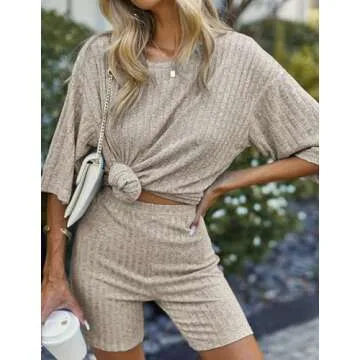 Ekouaer Pajamas 2 Piece Lounge Sets Ribbed Knit Matching Outfits T-shirt Biker Shorts Sleepwear Loungewear Sweatsuits Camel Large