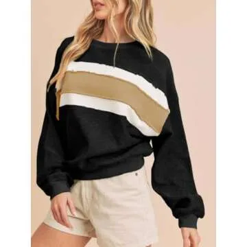 Tanming Women's Casual Color Block Patchwork Sweatshirt Tops Long Sleeve (Black)