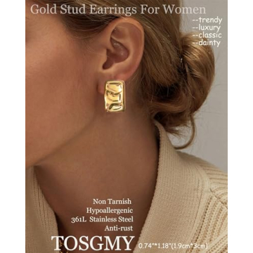 Hypoallergenic Chunky Gold Rectangle Stud Earrings for Women