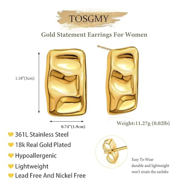 Hypoallergenic Chunky Gold Rectangle Stud Earrings for Women