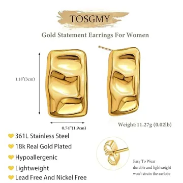 Hypoallergenic Chunky Gold Rectangle Stud Earrings for Women