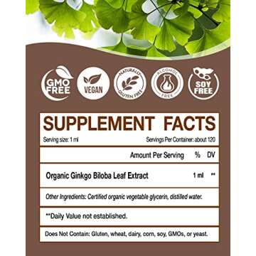 KingHealth Organic Ginkgo Biloba Extract Liquid Supplements, Brain & Focus Support, 98% Absorption, ...
