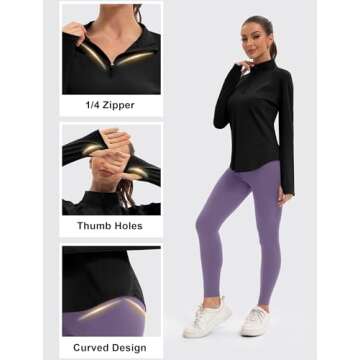 addigi Women's 1/4 Zip Pullover Long Sleeve Workout Tops Athletic Running Yoga Hiking Quick Dry UPF 50+ Sun Shirts with Thumb Hole Black Small