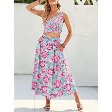 ANRABESS Women's Floral One Shoulder Two Piece Outfit Set