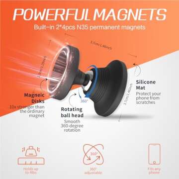 Efocakiox Dual Magnetic Phone Holder for Gym, Strong Magnet Gym Phone Mount&Holder, Fit All Phone- 360°Adjustable Holder for Video Recording- Designed for Gym, Car, Kitchen