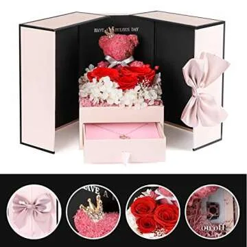 ADDWel Rose Gifts for Women - Preserved Real Roses Forever Red Flowers with I Love You in 100 Languages Necklace and Cute Moss Bear for Girlfriend Wife Mom Grandma on Birthdays, Anniversaries
