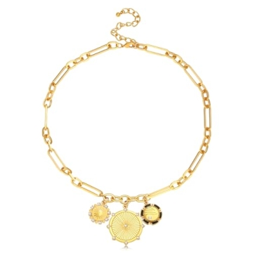 BONJOULRY Chunky Gold Sun Mountain River Landscape Charm Necklace for Women Men 18K Gold Plated 3 Pe...