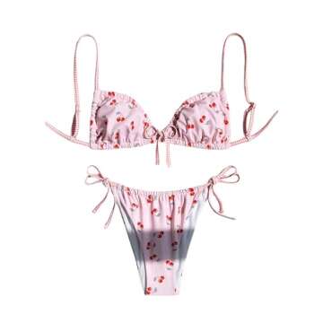 MakeMeChic Women's Two Piece Bikini Set - Cherry Print Tie Side Thong Cheeky Swimsuit