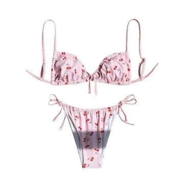 MakeMeChic Women's Two Piece Bikini Set - Cherry Print Tie Side Thong Cheeky Swimsuit