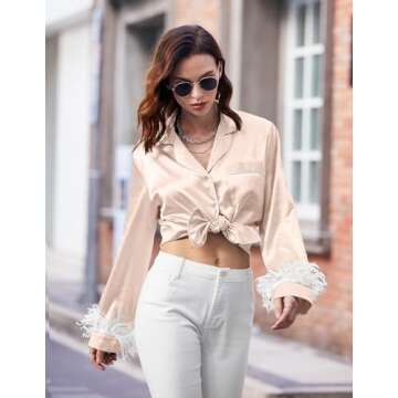 Ekouaer Women's Bridal Feather Trim Silk Pajama Set