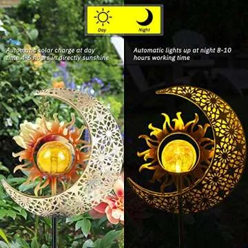 Vuees Solar Garden Statues Outdoor Decor, Moon Sun Figurine Light Stake, Housewarming Ornament for Patio, Lawn, Yard, Pathway - Unique Gift Ideas for Gardening Mom Grandma