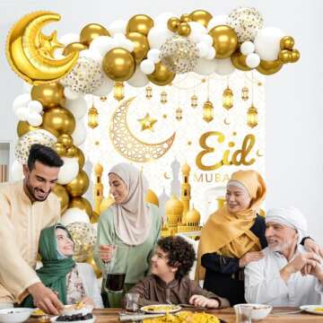 Eid Mubarak Decorations - 96PCS White Gold Ramadan Confetti Balloons with EID Balloons Boxes Decorat...
