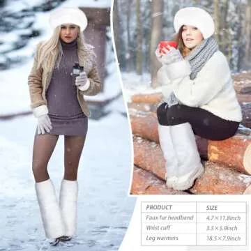 SATINIOR 3 Pieces Faux Fur Headband Set Ear Warmer Headwrap Furry Wrist Cuff Leg Warmers Boot Cuff Winter Accessories for Women Girls (White)