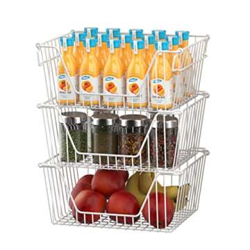 Slideep 14" Large Bin Baskets Stacking Baskets Sturdy Metal Wire Storage Baskets Organization with Handles for Pantry, Kitchen, Closets, Bathroom, Cabinets, Kitchen,White, Set of 3