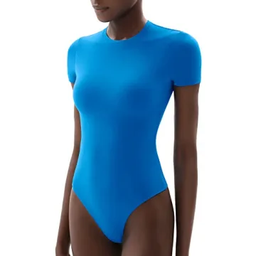 PUMIEY Women's Crew Neck Short Sleeve Bodysuit - Blue Fashion Top
