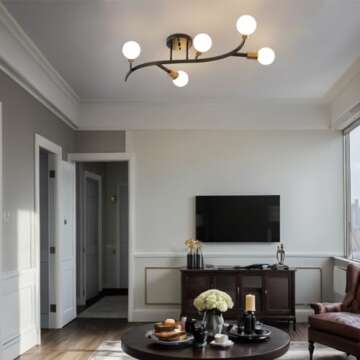 Salburyao Black and Gold Modern Sputnik Ceiling Light Fixture 5-Lights,Mid Centur Minimalist Semi Fl...