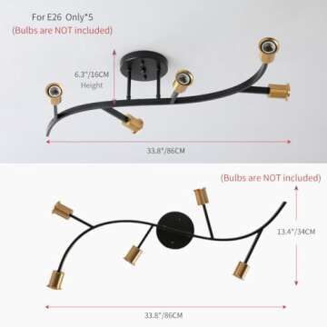 Salburyao Black and Gold Modern Sputnik Ceiling Light Fixture 5-Lights,Mid Centur Minimalist Semi Flush Mount sputnik Chandelier for Living Room,Dining Room,Bedroom,Hallway,Kitchen(Bulbs Not Included)