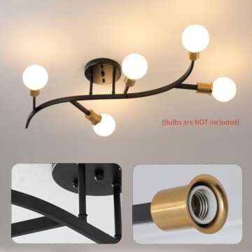 Salburyao Black and Gold Modern Sputnik Ceiling Light Fixture 5-Lights,Mid Centur Minimalist Semi Flush Mount sputnik Chandelier for Living Room,Dining Room,Bedroom,Hallway,Kitchen(Bulbs Not Included)