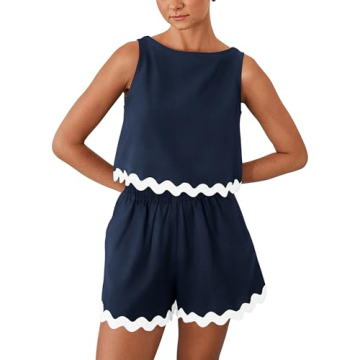 PRETTYGARDEN Women's 2 Piece Beach Vacation Outfits Casual Cropped Tank Top High Waist Shorts Set Tr...