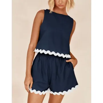 PRETTYGARDEN Women's 2 Piece Beach Vacation Outfits Casual Cropped Tank Top High Waist Shorts Set Tracksuit (Navy,Large)