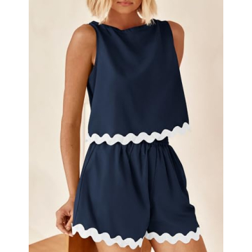 PRETTYGARDEN Women's 2 Piece Beach Vacation Outfits Casual Cropped Tank Top High Waist Shorts Set Tracksuit (Navy,Large)