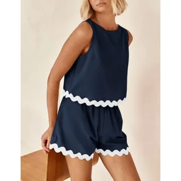 PRETTYGARDEN Women's 2 Piece Beach Vacation Outfits Casual Cropped Tank Top High Waist Shorts Set Tracksuit (Navy,Large)