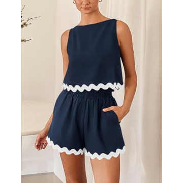 PRETTYGARDEN Women's 2 Piece Beach Vacation Outfits Casual Cropped Tank Top High Waist Shorts Set Tracksuit (Navy,Large)
