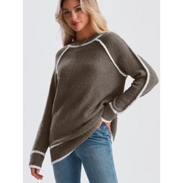 LILLUSORY Women's Chunky Oversized Sweaters Pullover Knit Trendy Outfits Color Block 2024 Winter Clothes Nutmeg S