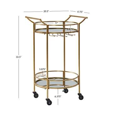 Teagan Gold Metal Round Mobile Bar Cart with Mirrored Shelves by Linon