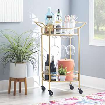 Teagan Gold Metal Round Mobile Bar Cart with Mirrored Shelves by Linon