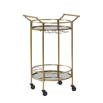 Teagan Gold Metal Round Mobile Bar Cart with Mirrored Shelves by Linon