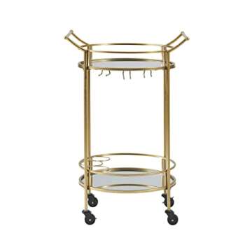 Teagan Gold Metal Round Mobile Bar Cart with Mirrored Shelves by Linon