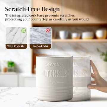 DOWAN Large Farmhouse Ceramic Utensil Holder with Cork Mat