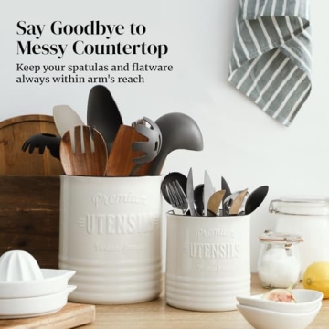 DOWAN Large Farmhouse Ceramic Utensil Holder with Cork Mat