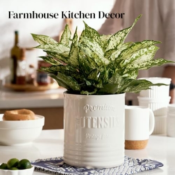 DOWAN Large Farmhouse Ceramic Utensil Holder with Cork Mat