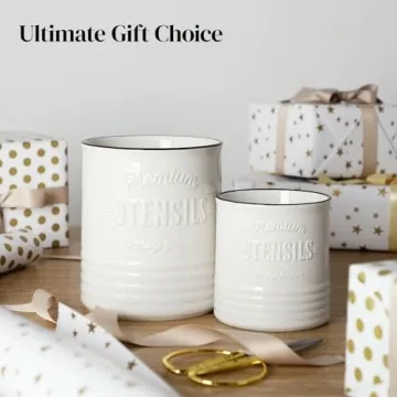 DOWAN Large Farmhouse Ceramic Utensil Holder with Cork Mat