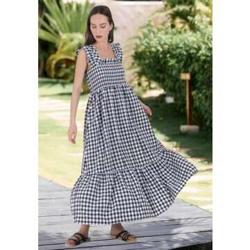 chouyatou Women's Retro Plaid Smocked Dress Spaghetti Strap Flounce Long Dress (Medium, Black)